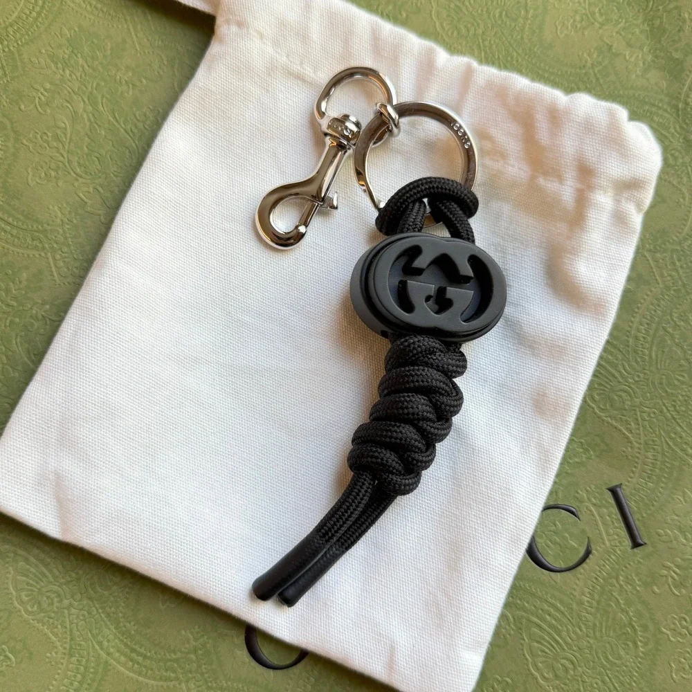 Gucci Black Interlocking G Knotted Cord Keychain Swivel Hook 834480 JAAIT 001